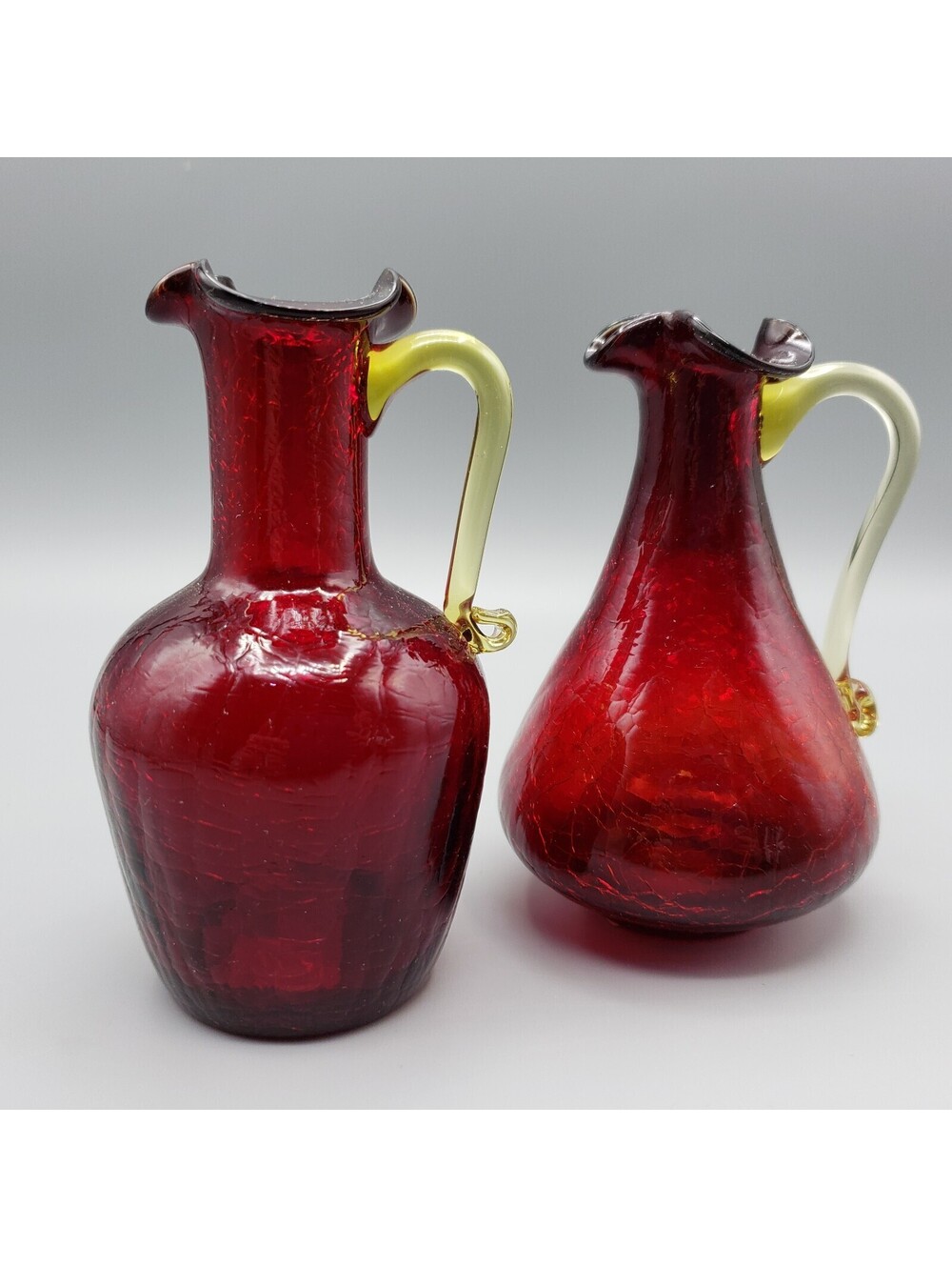 Pilgrim Ruby Red Crackle Glass Pitcher Ewer Small Qty 2 Amber Applied Handle Glo